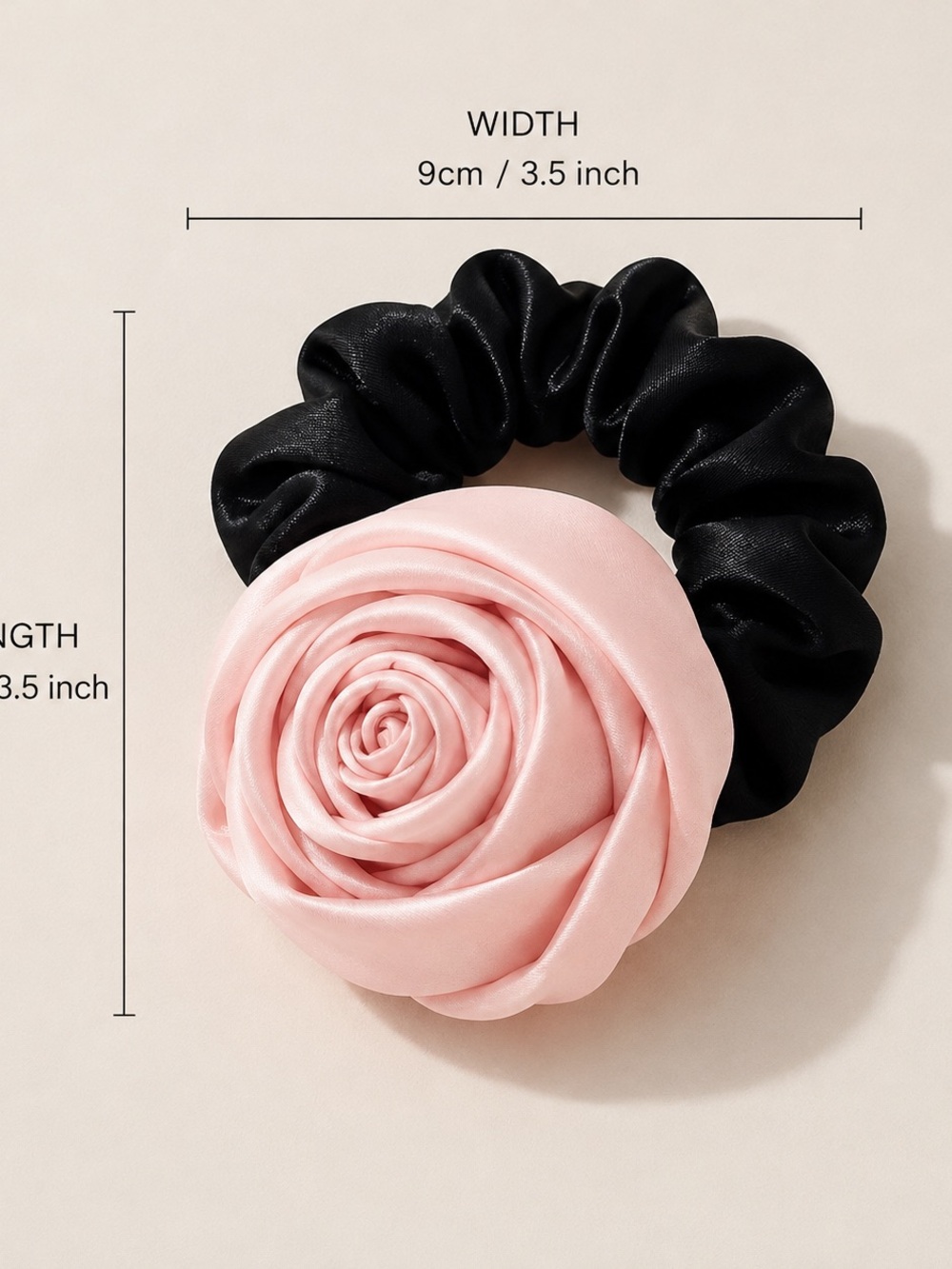 Pink Rose Satin Flower Scrunchie Hair Tie with Black Elastic